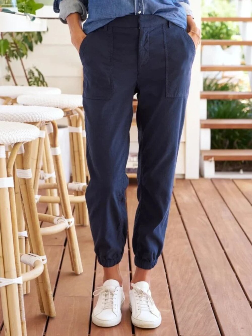 Frank & Eileen Blue Jameson Jogger Pants Size 10 Crop Stretch Cotton Flax